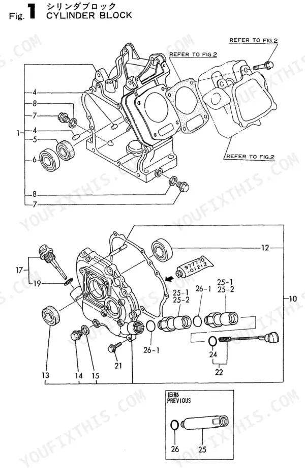 e60964fa-b-exploded-view-3 Yanmar GA120RDZB, GA120 exploded view diagram of the cylinder block, oil dipstick, and crankcase cover components.