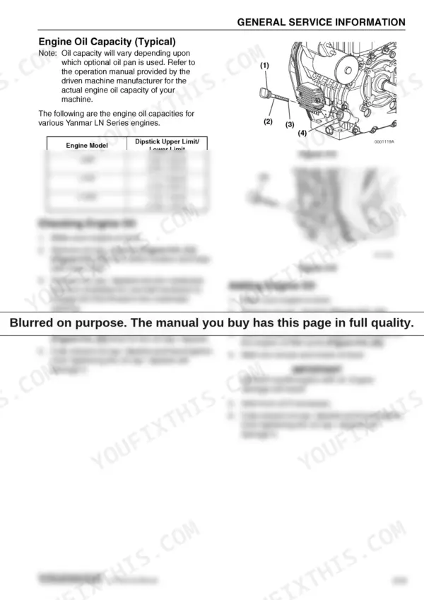 Yanmar L48N, L70N, L100N engine oil capacity table, dipstick diagrams, and oil checking and filling procedures.