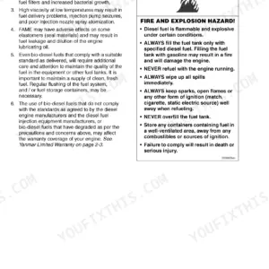 Yanmar L48N, L70N, L100N service manual page on bio-fuel precautions and fuel tank filling safety procedures.