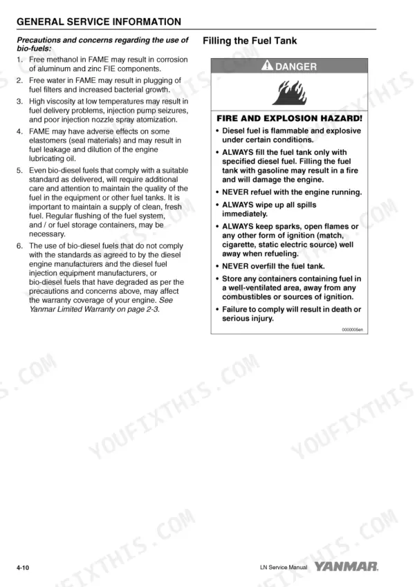 e783e67f-b-safety-43 Yanmar L48N, L70N, L100N service manual page on bio-fuel precautions and fuel tank filling safety procedures.