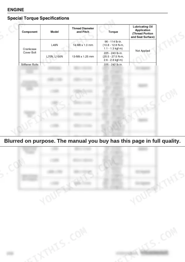 Yanmar L48N, L70N, L100N engine special torque specifications table for crankcase, flywheel, and cylinder head components.
