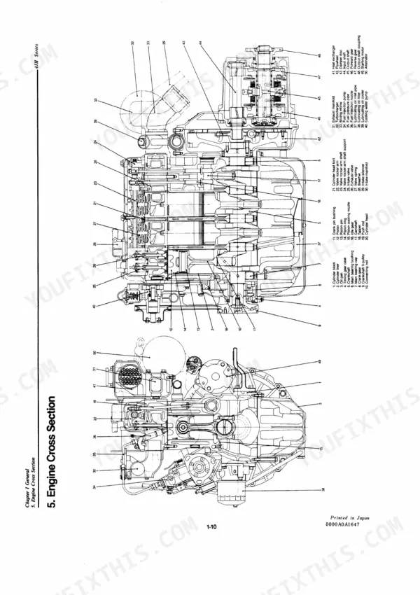 e819d2dc-b-exploded-view-14 Yanmar 4JH series engine cross section diagram with parts list.