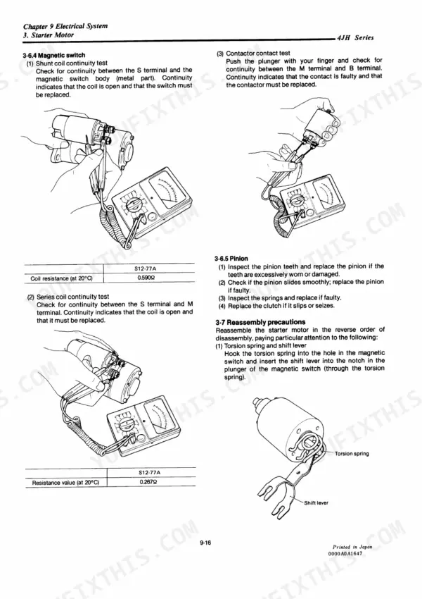 Yanmar 4JH series starter motor magnetic switch testing procedures