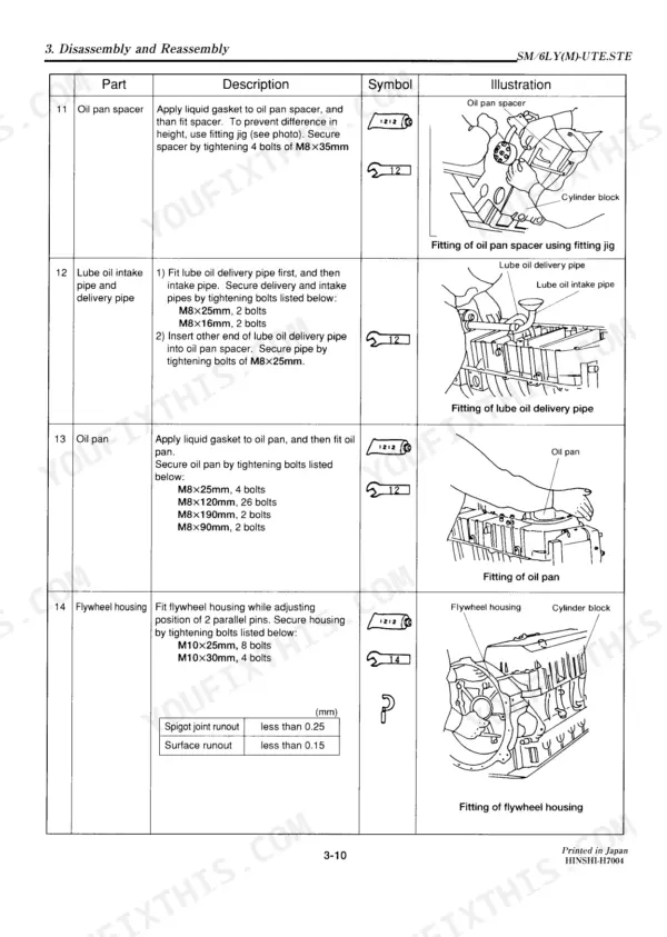Yanmar 6LY(M)-UTE, 6LY(M)-STE service manual page showing oil pan, intake pipe, and flywheel housing installation procedures.