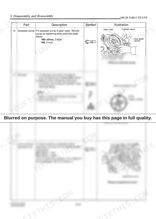 e83273bf-b-procedures-20 Yanmar 6LY(M)-UTE, 6LY(M)-STE assembly procedures for seawater pump, idle gear, and lube oil pressure regulating valve.