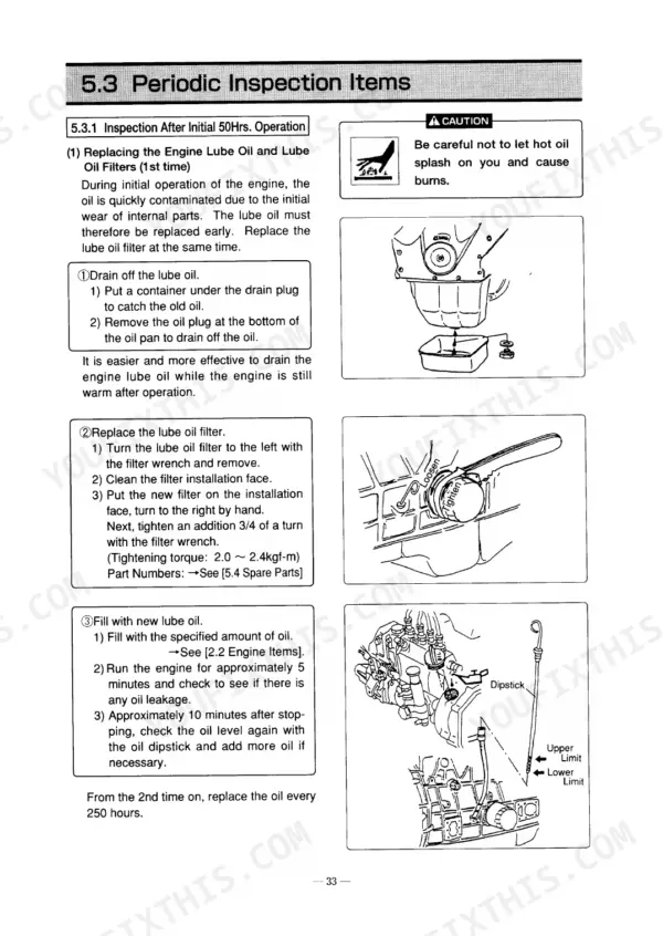 Yanmar 4TNE94, 4TNE98, 4TNE106, 4TNE106T engine oil and filter change procedure with diagrams for draining and filling.