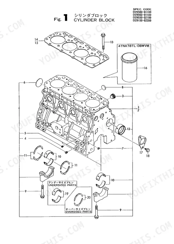 ea8040b7-b-exploded-view-3 Yanmar 4TN78TL, 4TN78TL(YB401W), 4TNA78TL-DBWVM, 4TNA78TL-RBW, 4TN78TLL-DBWVM exploded view of cylinder block and bearings.