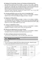 Yanmar 6CXM-GTE maintenance procedures and replacement parts table including filters, impeller, and V-belt part numbers.