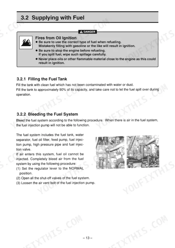 Yanmar 6CXM-GTE fuel system procedures: filling the tank, safety warnings, and bleeding the fuel injection pump.