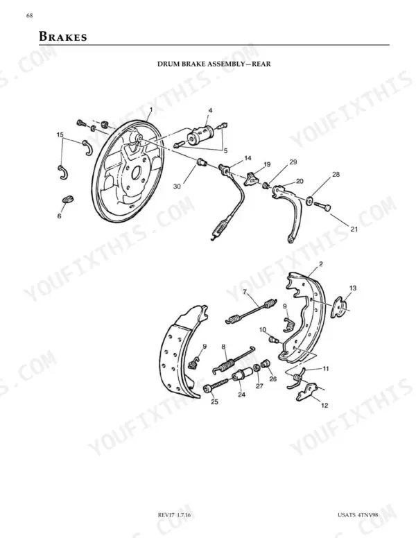 Eagle Tugs USATS rear drum brake assembly exploded view diagram showing brake shoes, springs, and wheel cylinder components.