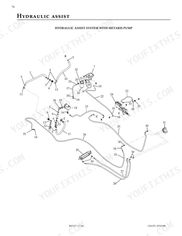 Eagle Tugs USATS hydraulic assist system exploded view with Metaris pump, showing hoses, fittings, and reservoir.