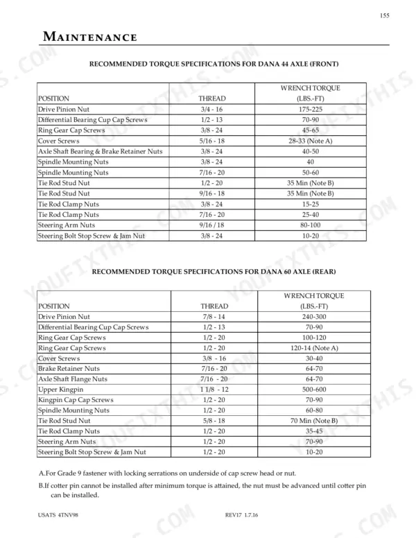 Eagle Tugs USATS maintenance manual torque specification tables for Dana 44 front and Dana 60 rear axle components.