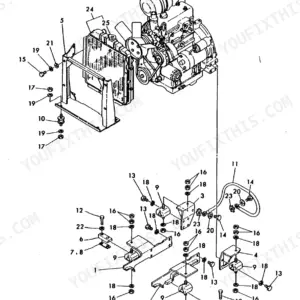 Yanmar YB10-2, Excavator YB exploded view of radiator and engine mount assembly with numbered components.