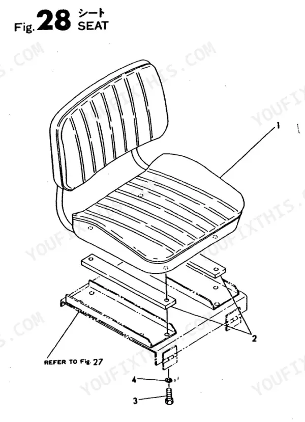 Yanmar YB10-2, Excavator YB exploded view diagram of the operator seat assembly and mounting hardware.