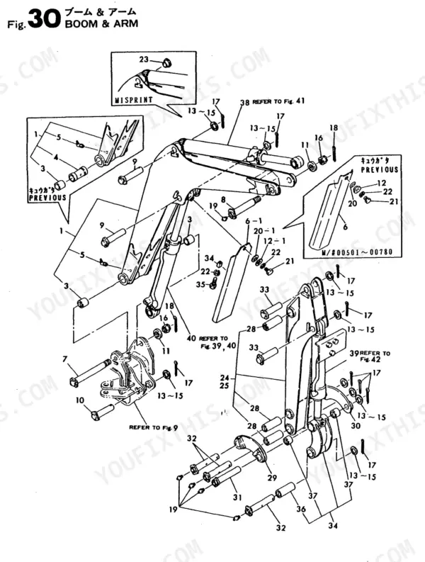 Yanmar YB10-2, Excavator YB exploded view diagram of boom and arm assembly components, pins, and bushings.