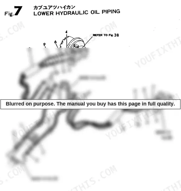 Yanmar YB10-2, Excavator YB, Fig 7 exploded view of lower hydraulic oil piping, hoses, fittings, and pump connections.