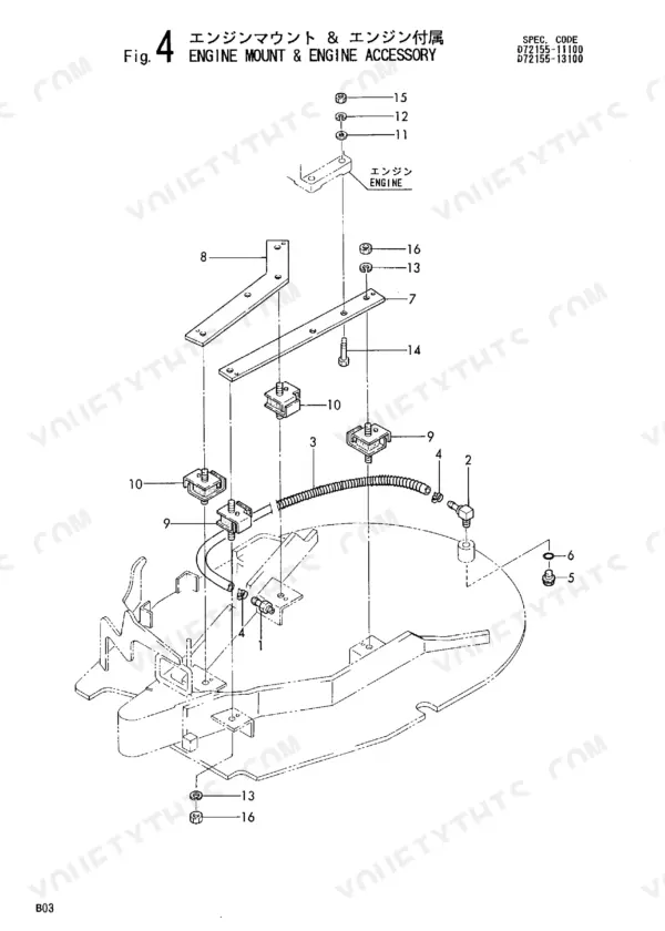 f16b573c-b-exploded-view-14 Yanmar B03 Crawler Backhoe exploded view of engine mount and accessories.