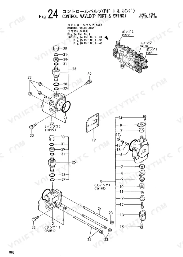 Yanmar B03 Crawler Backhoe exploded view of control valve P port and swing
