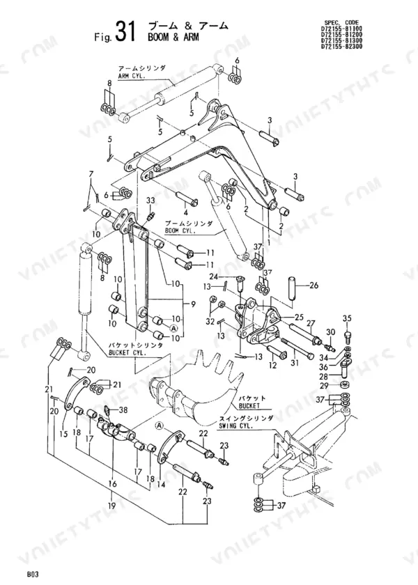 Yanmar B03 Crawler Backhoe exploded view of boom, arm, and bucket cylinders.