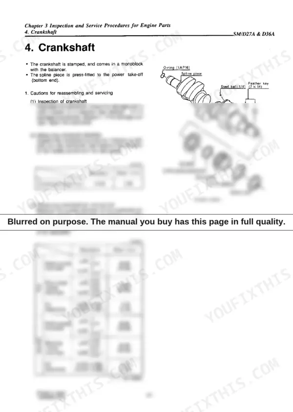 Yanmar D27A, D36A crankshaft exploded view, inspection procedures, and service limit tables for pins and journals.