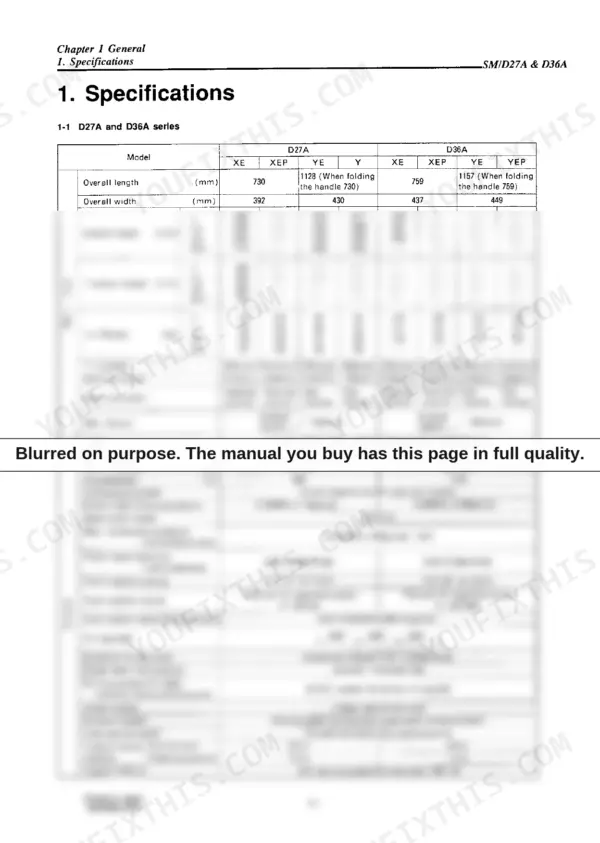 Yanmar D27A, D36A technical specifications table including dimensions, weight, engine output, and fuel injection data.