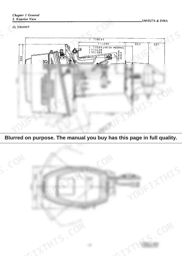 f3332c64-b-system-diagram-12 Yanmar D27A, D36A exterior view diagram showing outboard motor dimensions, transom height, and tilt angle specifications.