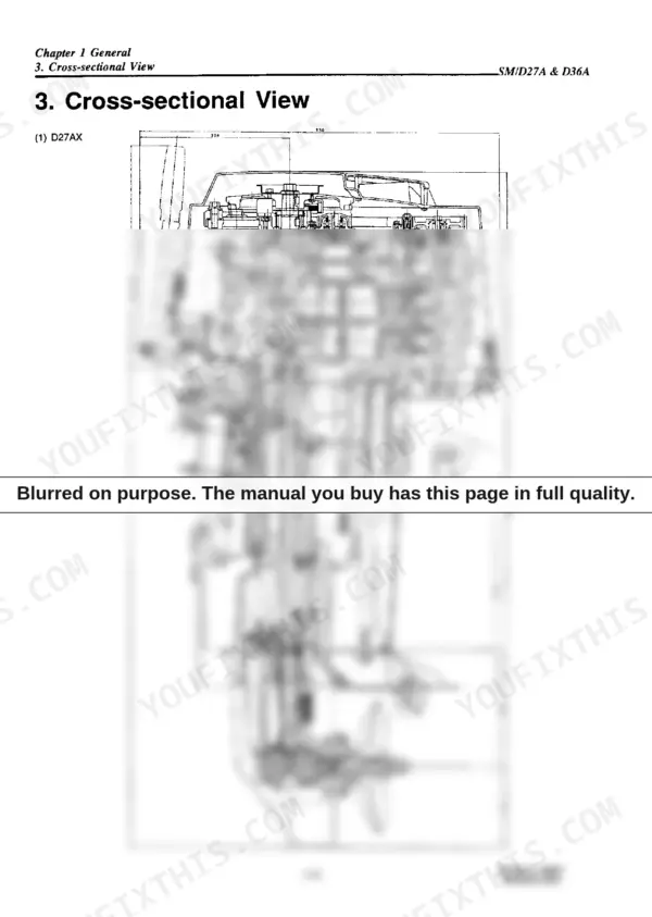 Yanmar D27A, D36A outboard motor cross-sectional view diagram showing engine, drive shaft, and propeller assembly.