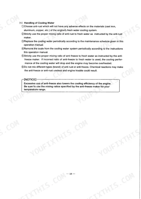 Yanmar 6LY2-STE operation manual page detailing cooling water handling, anti-rust, and anti-freeze mixing procedures.
