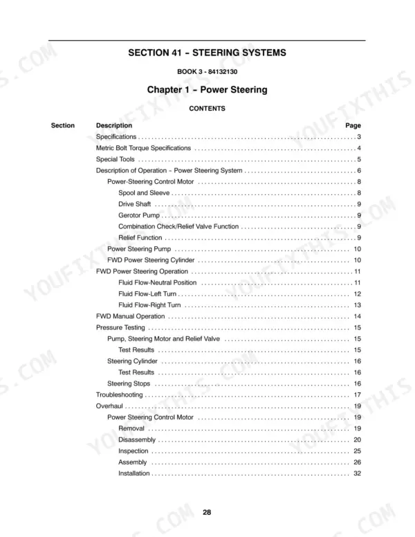 Farmall 31, 35 power steering systems repair section table of contents