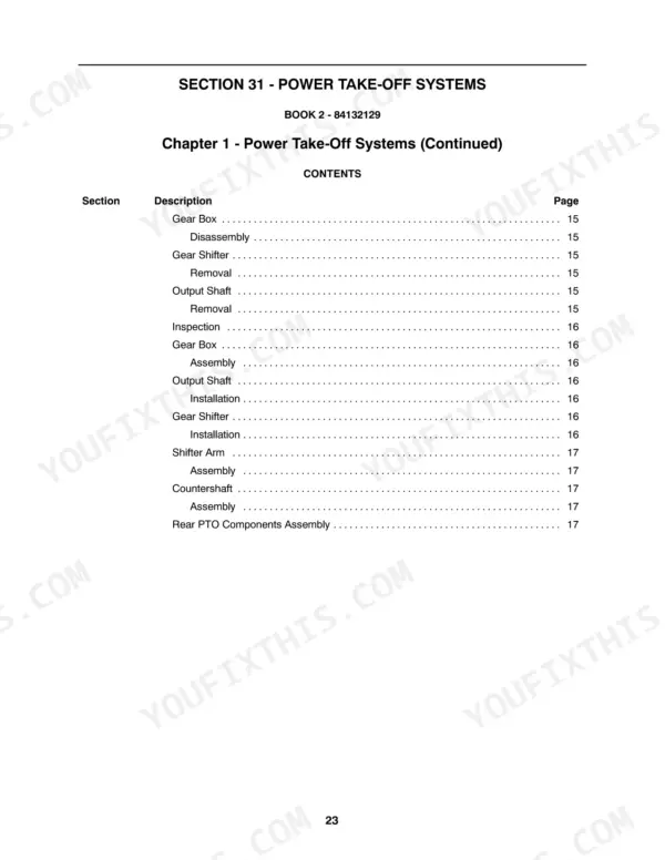 Farmall 31, 35 table of contents for Power Take-Off Systems including PTO gear box and shaft procedures