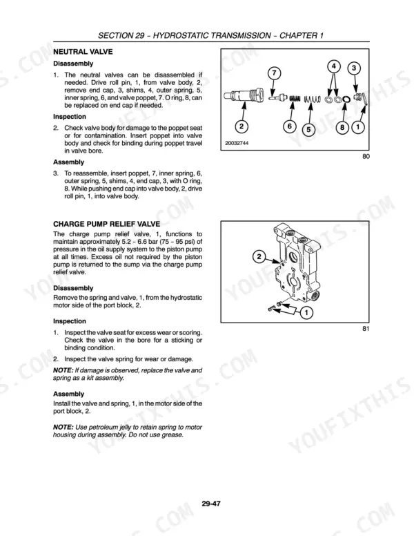 Farmall 31, 35 hydrostatic transmission neutral valve and charge pump relief valve service procedures