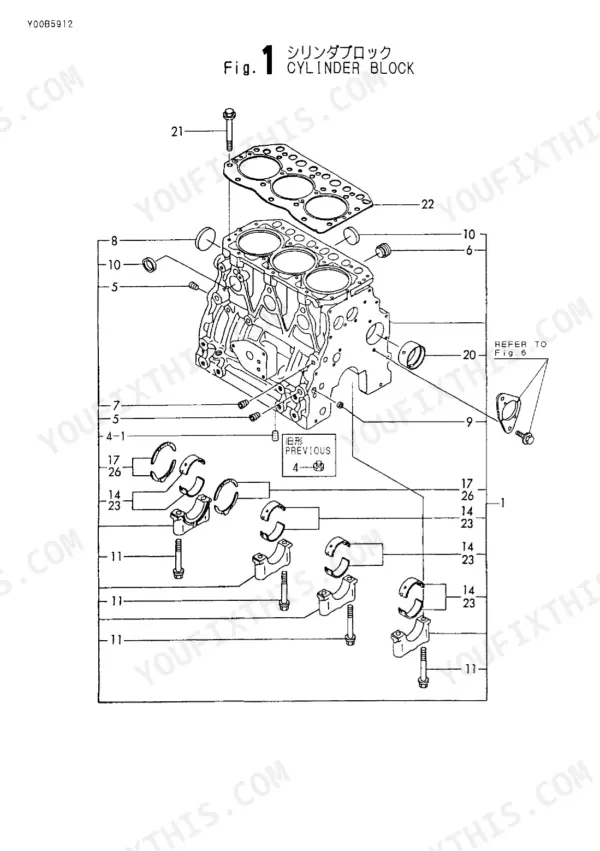 fbd21e42-b-exploded-view-3 Yanmar 3TNE82A-BVA, 3TNE82A-BVA (VIO30-1), VIO30-1 exploded view diagram of the engine cylinder block and bearings.