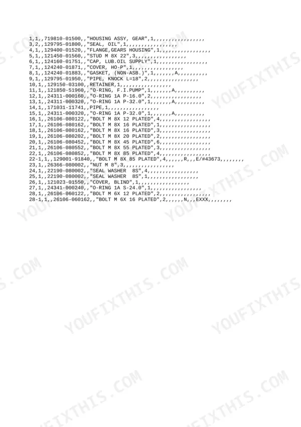 Yanmar 3TNE82A-BVA, 3TNE82A-BVA (VIO30-1), VIO30-1 parts list for gear housing assembly, seals, bolts, and O-rings.
