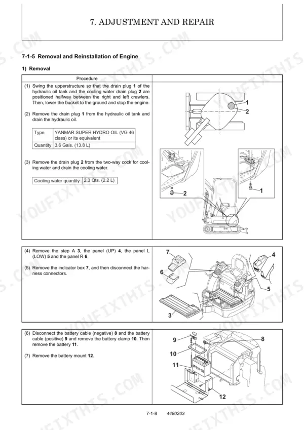 Yanmar ViO15-2 engine removal procedure showing hydraulic oil and coolant drainage, panel removal, and battery disconnection.