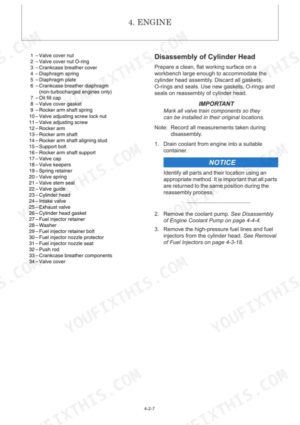 Yanmar V7, WHEEL LOADER engine cylinder head disassembly procedure and parts list for valve train components.