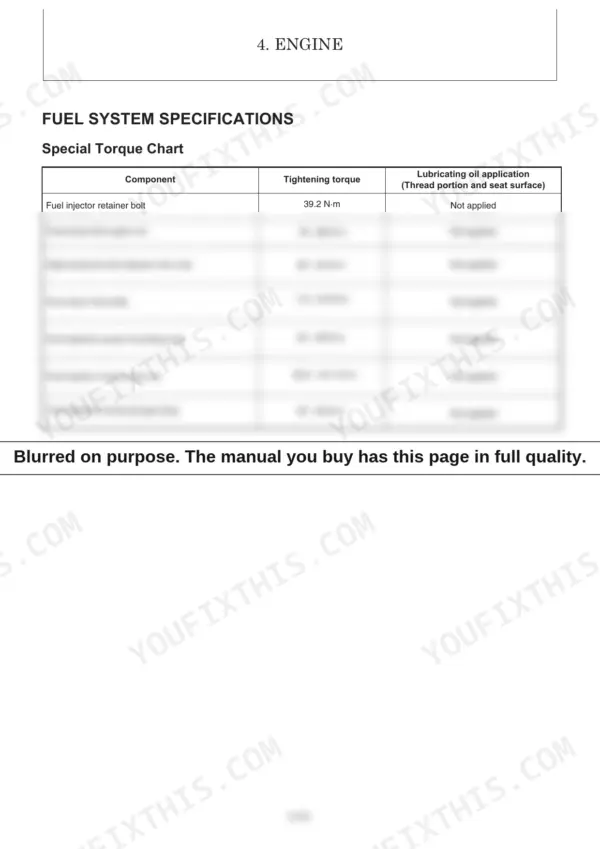 Yanmar V7, WHEEL LOADER engine fuel system special torque chart for injectors, pump, and fuel line components.