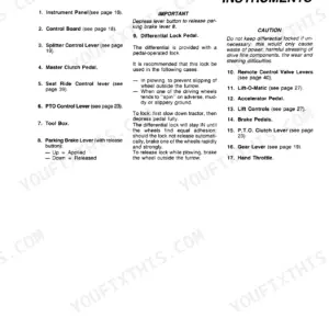 Fiat 45-66, 45-66 DT controls and instruments list, including differential lock pedal operation and parking brake instructions.