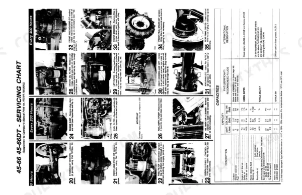Fiat 45-66, 45-66 DT maintenance chart showing 50, 200, 400 hour service intervals and fluid capacity table.