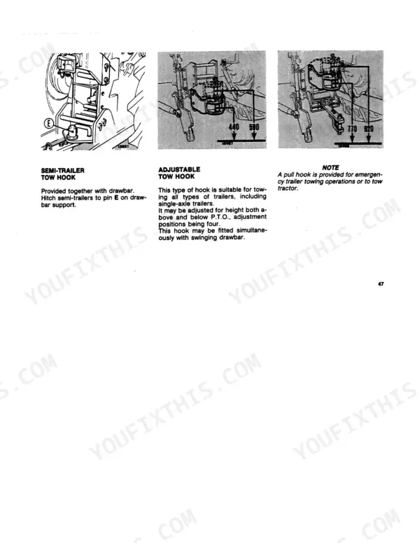 Fiat 110-90, 110-90 DT manual showing diagrams and instructions for semi-trailer and adjustable tow hooks.