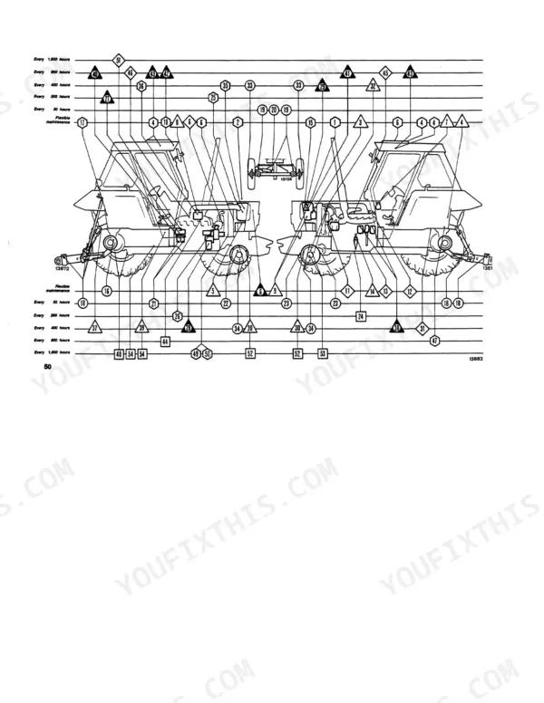 Fiat 110-90, 110-90 DT tractor maintenance schedule diagram showing lubrication and service points by hours.
