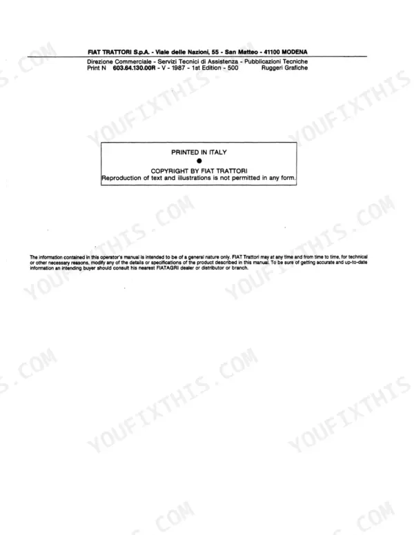 Fiat 110-90, 110-90 DT operator manual copyright and publication information page, print number 603.64.130.00R.