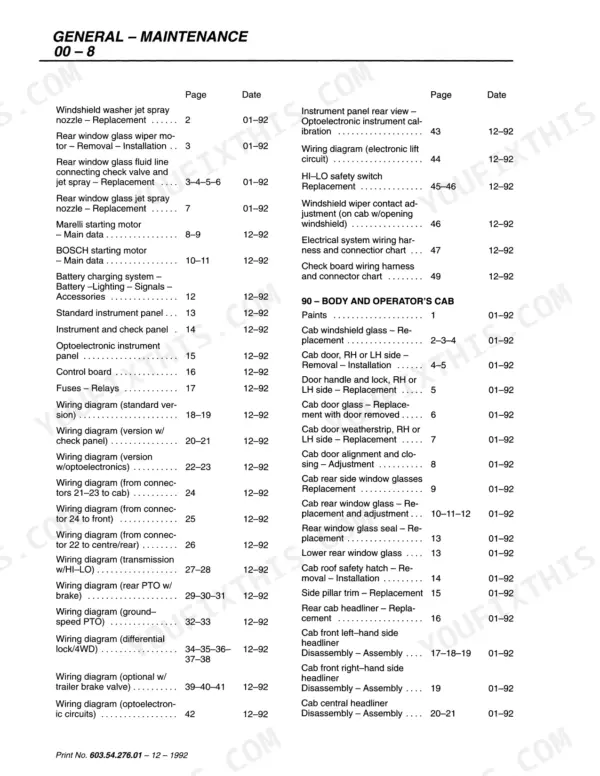 Fiat F100, 110, 120, 130 table of contents for maintenance, electrical systems, and cab body components.
