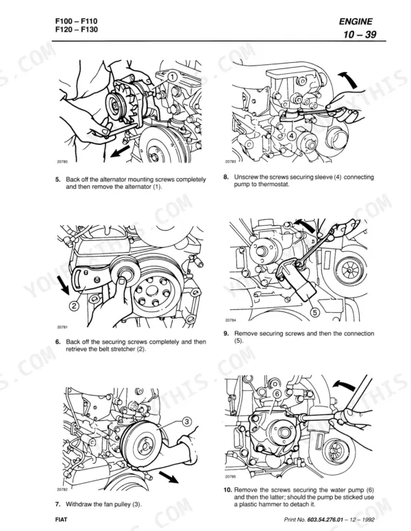 Fiat F100, 110, 120, 130 engine manual: removing alternator, belt stretcher, fan pulley, and water pump.