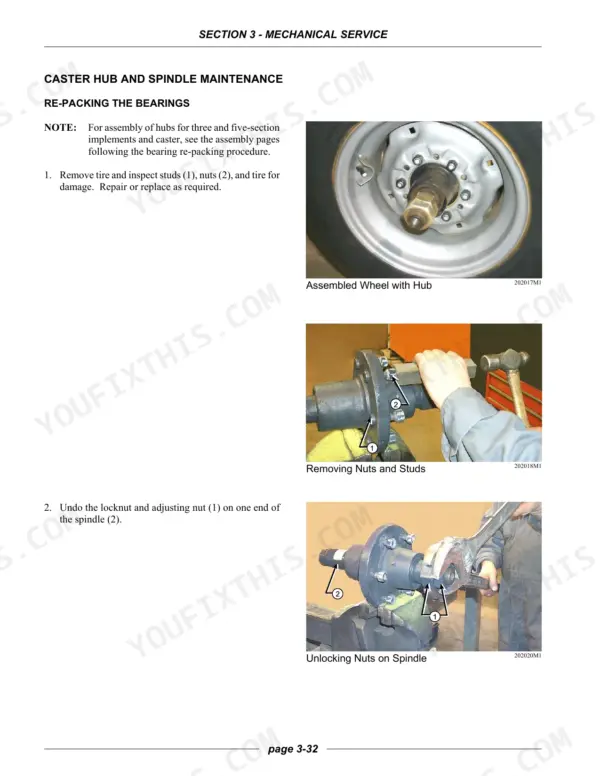 Flexi-coil AD.A, AD.B caster hub and spindle maintenance, re-packing bearings, removing studs, and unlocking spindle nuts.