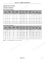 Flexi-coil AD.A, AD.B machine specifications table showing implement dimensions in metric and imperial units.