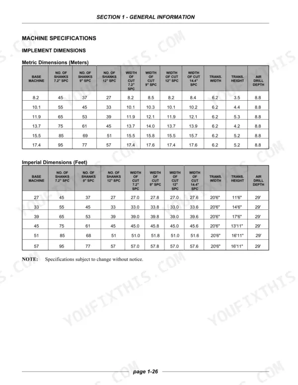 Flexi-coil AD.A, AD.B machine specifications table showing implement dimensions in metric and imperial units.