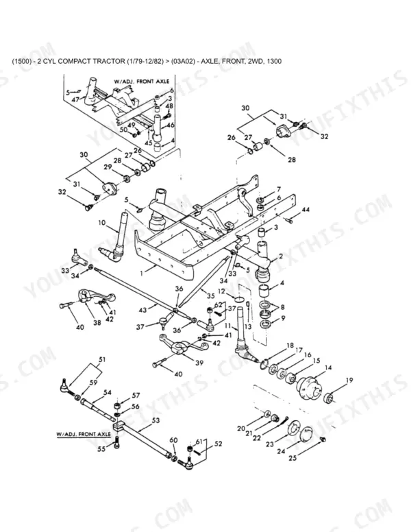 Ford 1500 exploded view diagram of the 2WD front axle assembly, steering linkage, and wheel hub components.