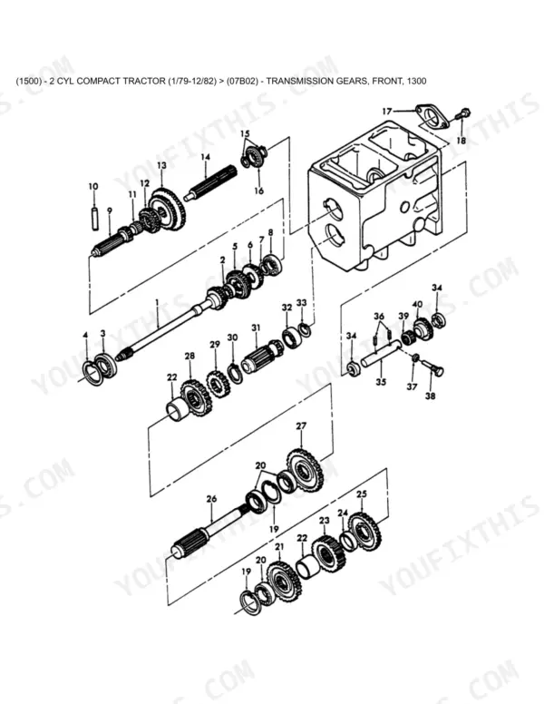 Ford 1500 exploded view diagram of front transmission gears, shafts, and bearings with numbered component references.