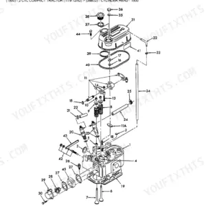 Ford 1500 exploded view diagram of the cylinder head assembly, showing valves, rocker arms, and valve cover components.