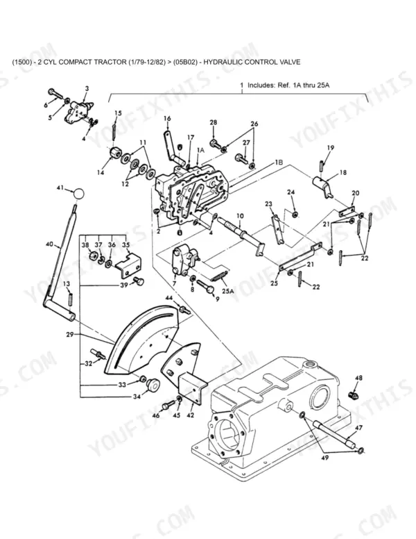 Ford 1500 exploded view diagram of the hydraulic control valve assembly, including levers, linkages, and mounting hardware.